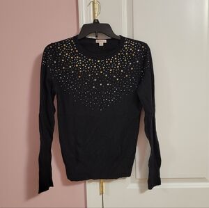 Womens Merona Rhinestone Embellished Round Neck Black Sweater- XS- Chic, Bling